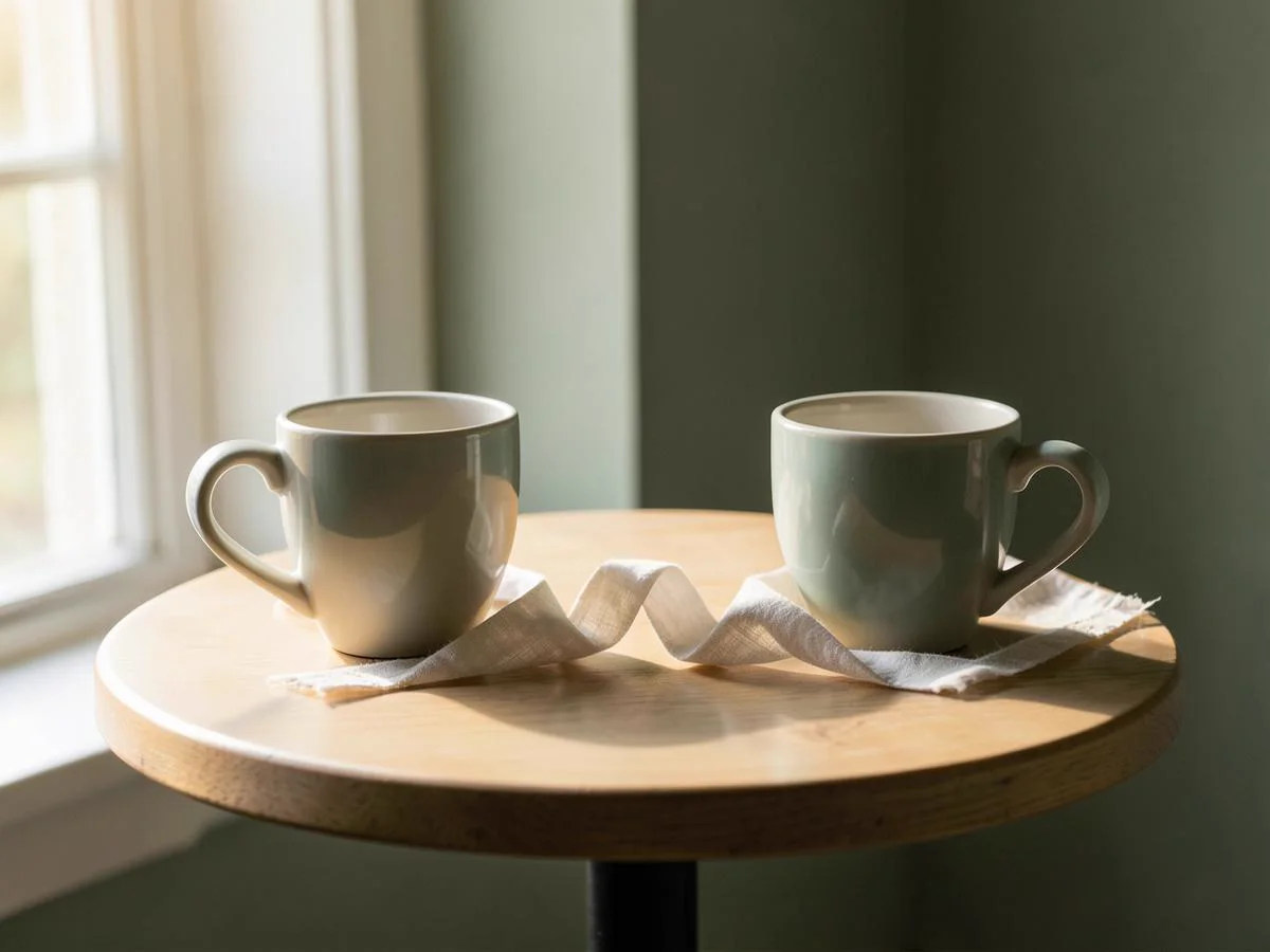 Duas xícaras ligadas por uma faixa de tecido sobre uma mesa