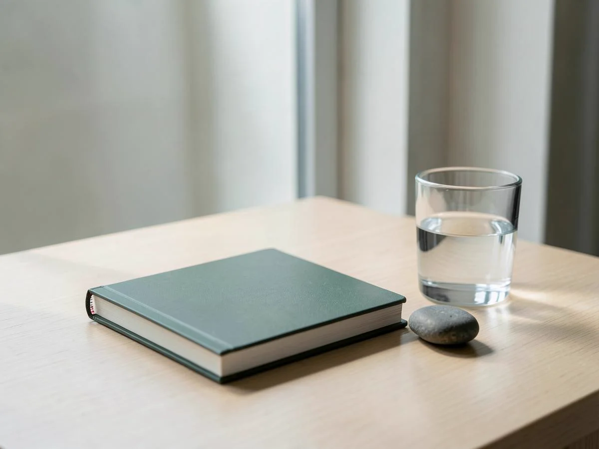 Caderno verde, copo de água e pedra sobre uma mesa iluminada