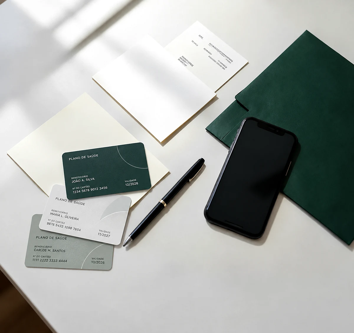 Documentos, caneta, celular e pasta organizados para uma solicitação de reembolso